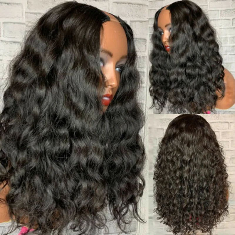 Nature Wave U Part Wig Human Hair Brazilian Remy Hair 2x4 U Part Wigs Curly Wave No Lace Front Wig For Black Women Natural Color