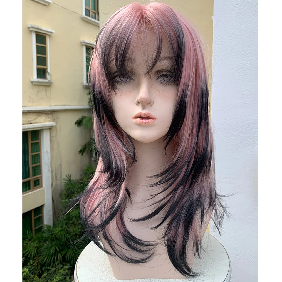 HOUYAN synthetic Long wavy pink black highlights gradient female wig Lolita cosplay hot party wig with fringe