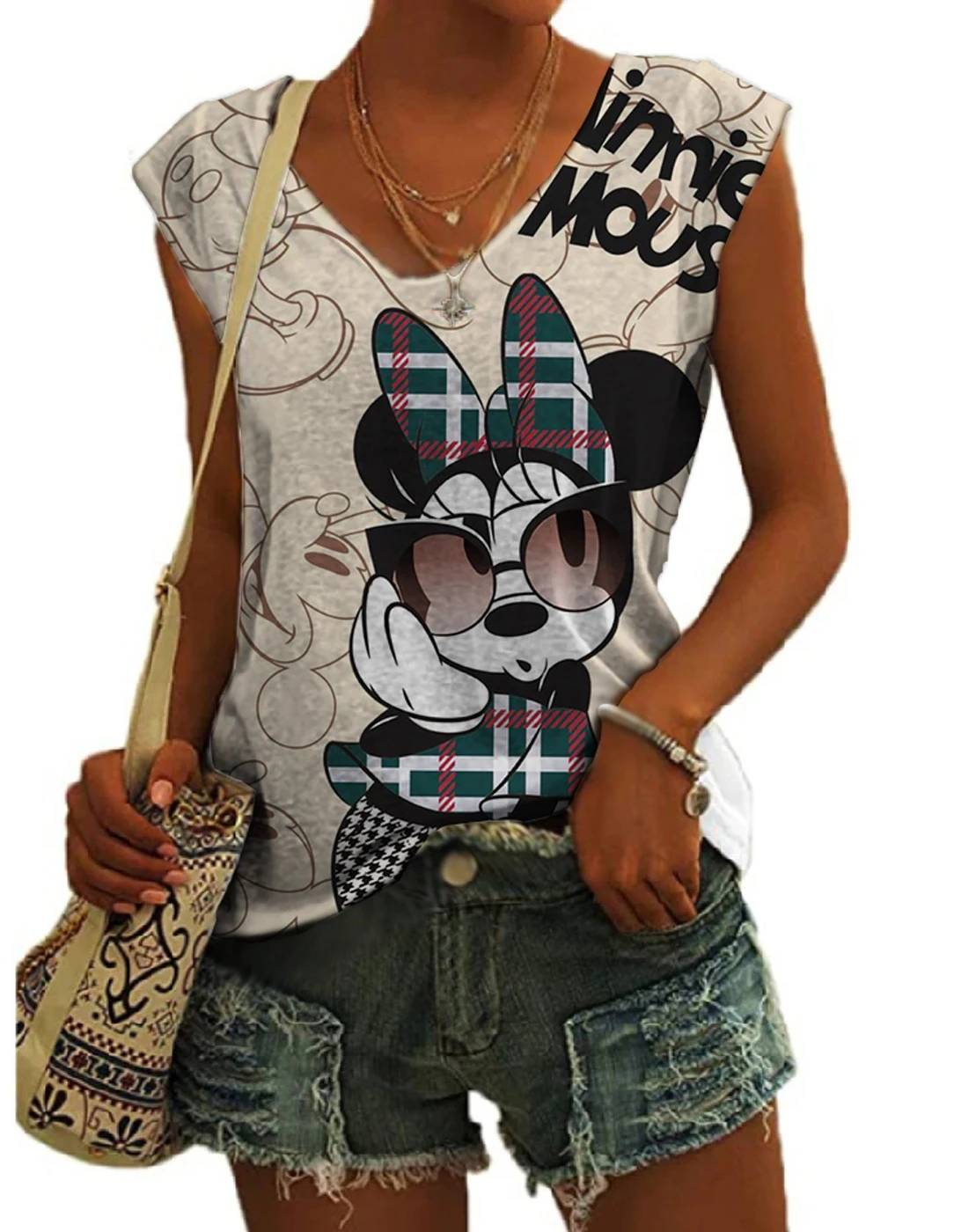 

Summer Disney Minnie Mouse Leopard Print Sleeveless Y2k Clothes Harajuku Casual Tank Tops Fashion V Neck Pullover Women's Tank T
