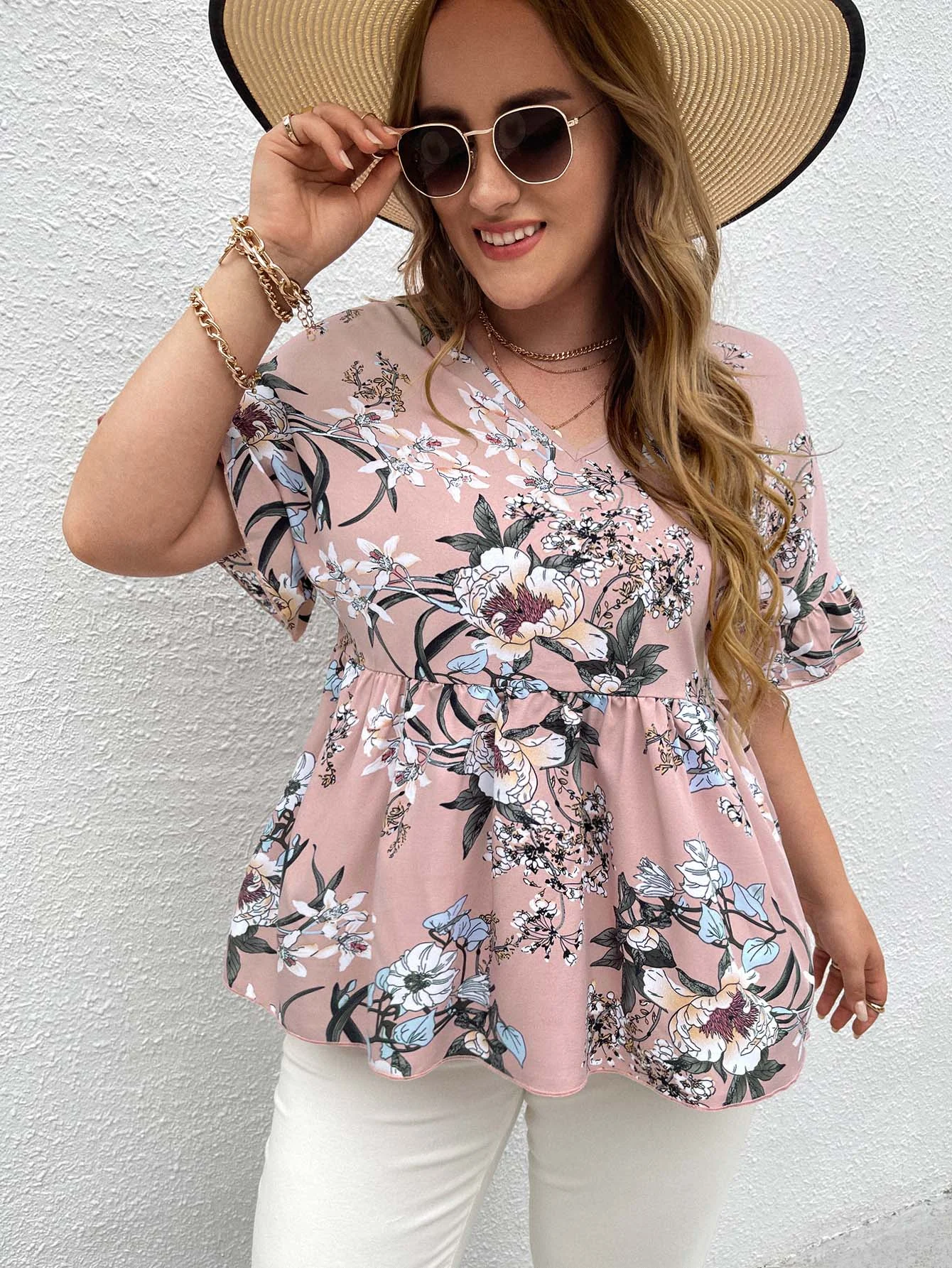 Plus Size 4xl Blouses Top Women 2022 V Neck Half Sleeve Oversized T Shirts Floral Print Loose Pink Large Peplum Ladies Tops