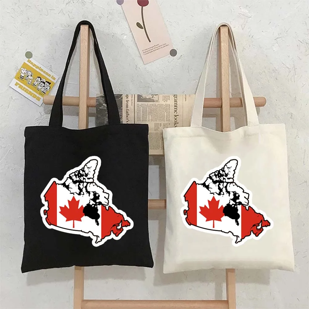 

Canada Country Flag Sticker Funny Cartoon Tote Bags for Women Canvas Large Shoulder Reusable Shoppers Handbags