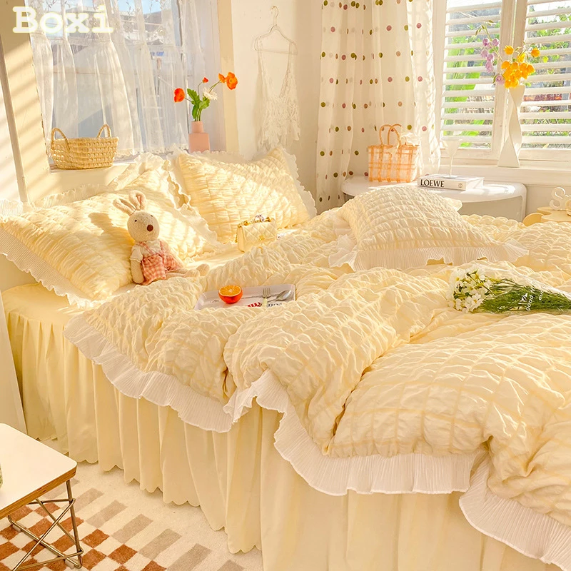 Kawaii принцесса Seersucker Комплект постельного белья для девушек из мытого хлопка в