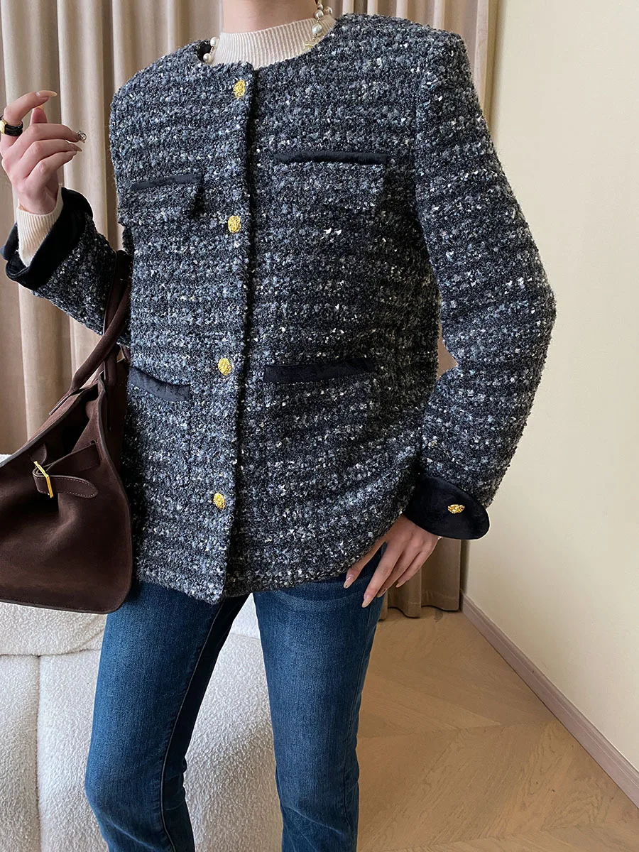 Женское однобортное шерстяное пальто средней длины красно-серое твидовое