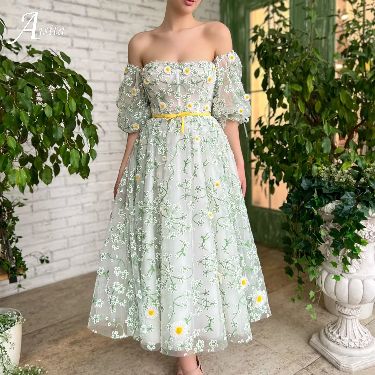 

Handmade Stereo Flowers Embroidery Prom Gowns Prom Dresses With Puffy Sleeves Princess Short Party Dresses Robe De Soiree