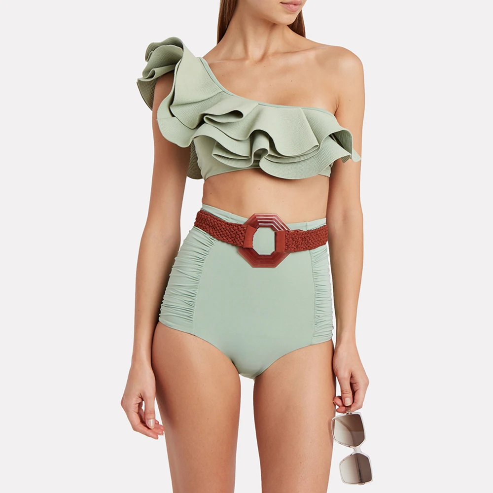 

Lime Green One Shoulder Ruffle Swimsuit High Waist Pleated Belt Design swimwear Sexy Backless Slim Bikini Ladies 2022 Fashion