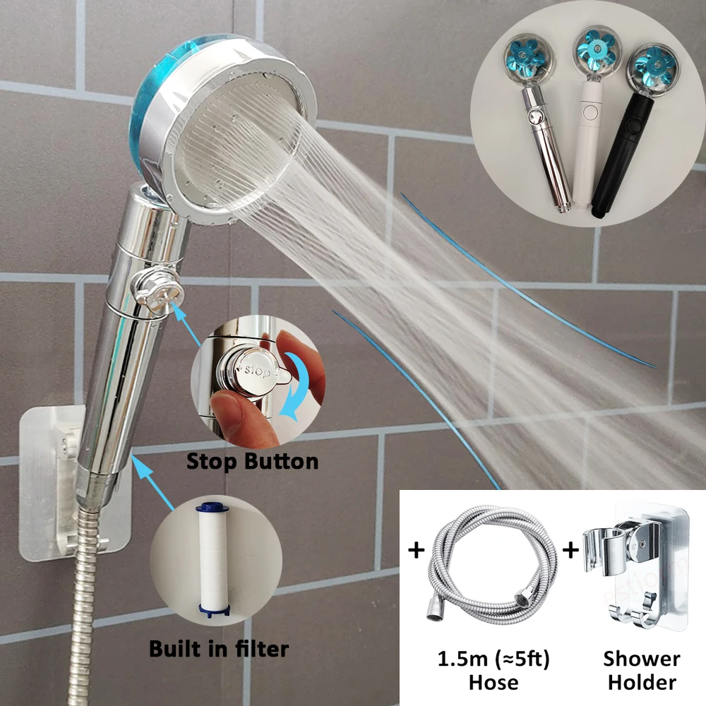 

Насадка для душа с турбопропеллером, регулируемая кнопка стоп-сигнала, вращение на 360 градусов, с фильтром, Набор насадок для душа в ванную комнату