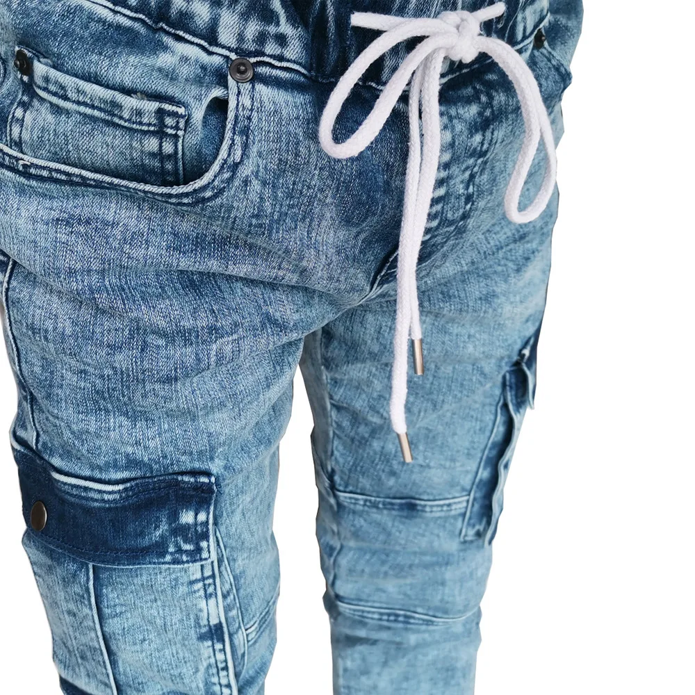 Retro Multi-Pocket Cargo Slim Fit Cotton Elastic Joggers Fashion High Street Lace Up Washed Old Men'S Pencil Jeans Size 29-36