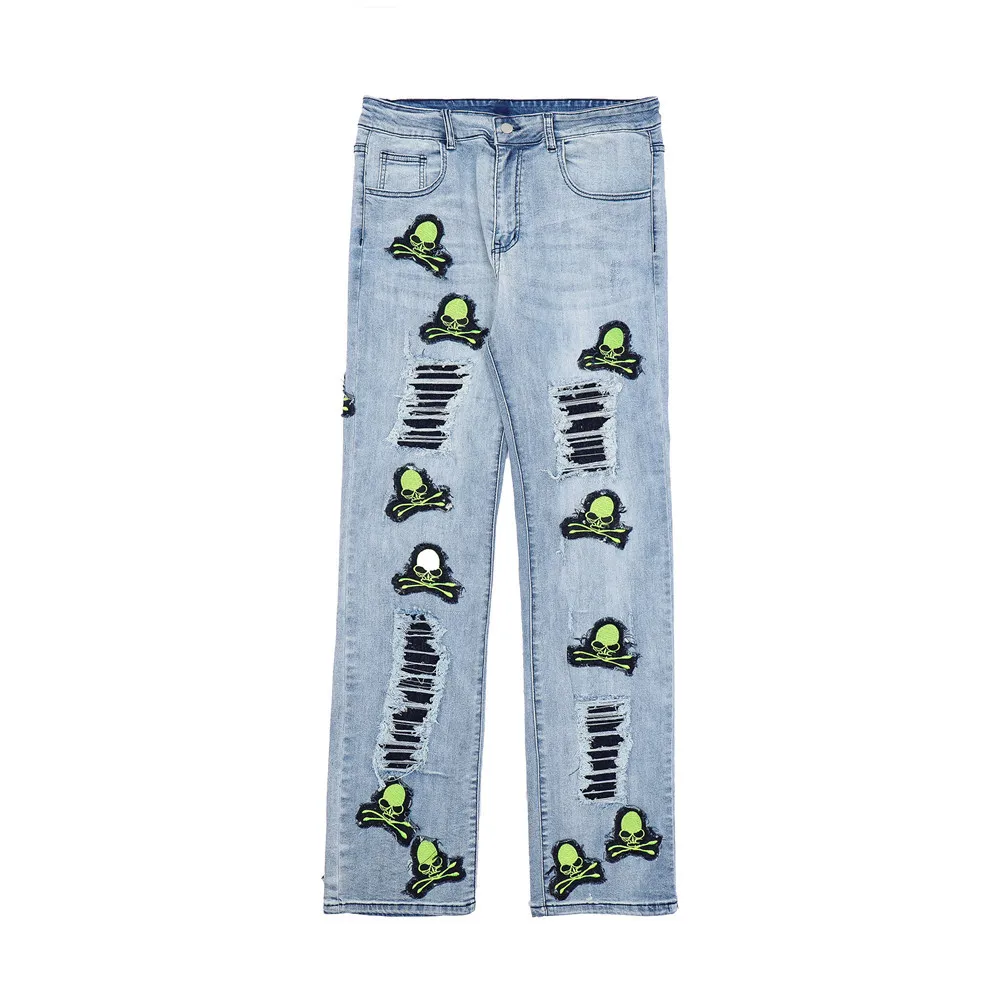 Hip Hop Y2K Skull Patch Embroidery Ripped Washed Jeans Men's High Street Trendy Brand Slim Straight Leg Pants Casual Jeans Men