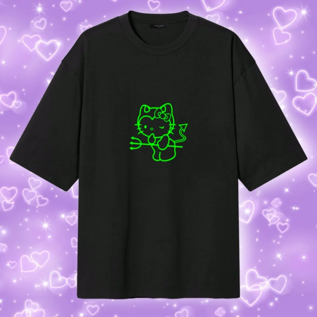 T-Shirt Hello Kitty Devil Toxic Green Emo Oversize Футболка Хеллоу Китти Тай дай кислотный зелёный