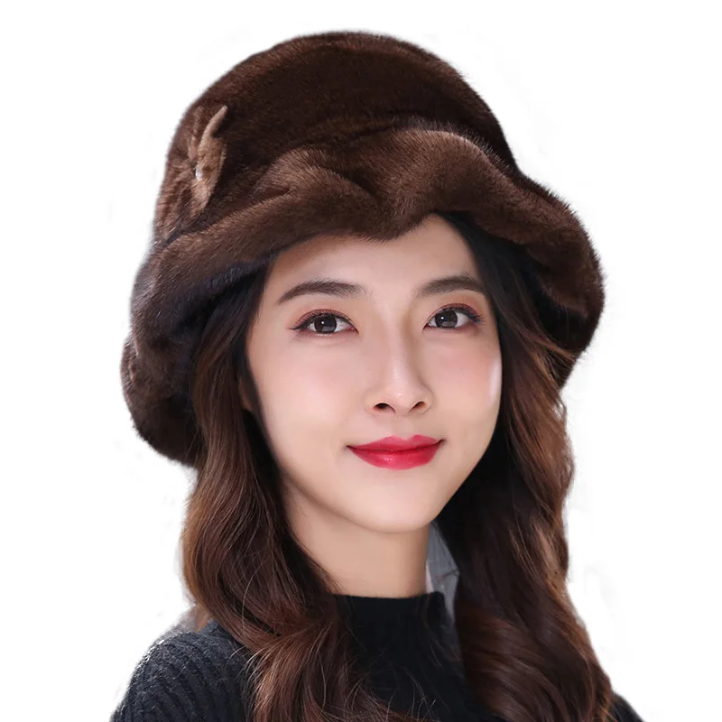 100% Mink Fur Hat Edamame Beanie For Girls Soft Thickened Furry Beret Ladies Hat Elegant Winter Outdoor Windproof  Warm Hat