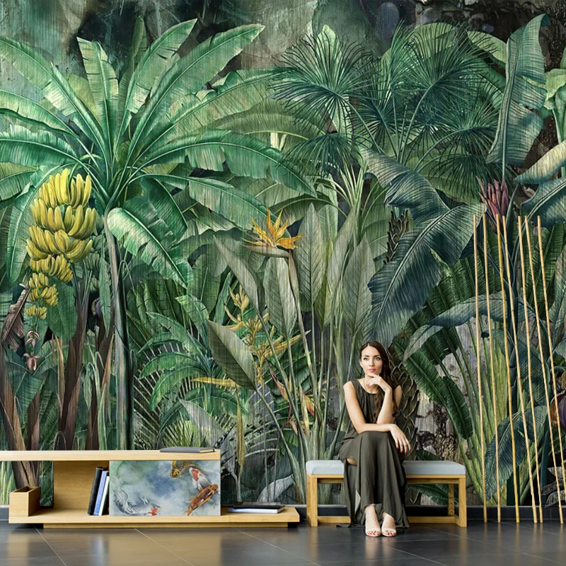 

Настенные обои в стиле ретро с тропическим дождевым лесом, пальмами, бананами и листьями