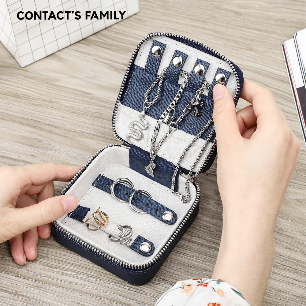 CONTACT'S FAMILY Jewelry Box Jewelry Organizer Display Travel Jewelry Case Boxes Button Leather Storage Zipper Jewelers Joyero