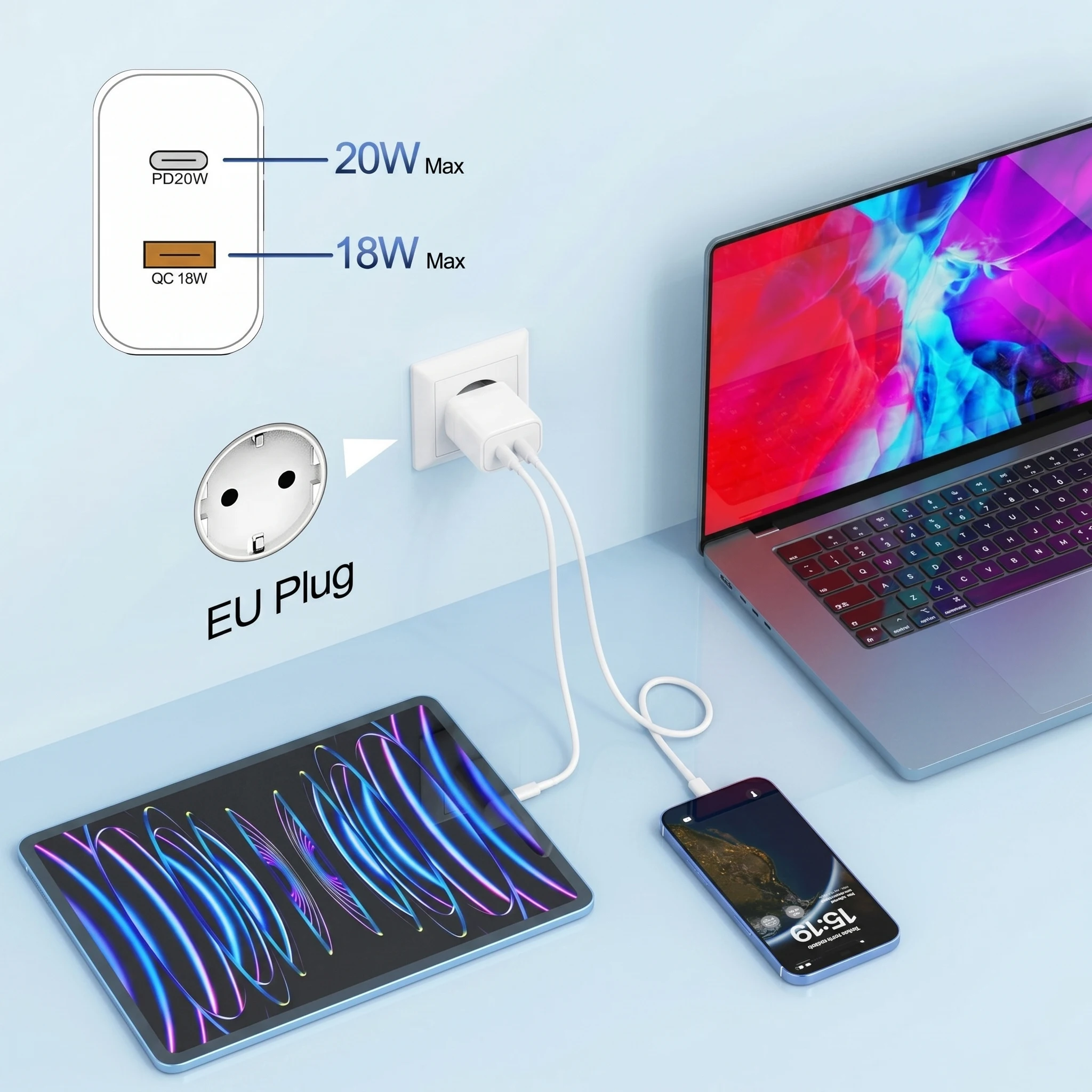 Фото Зарядный комплект для iPhone: 20W двухпортовое зарядное устройство USB A Type C PD QC, блок питания EU с кабелем для iPhone 17, 16, 15, 14, 13, 12, 11 Pro №2