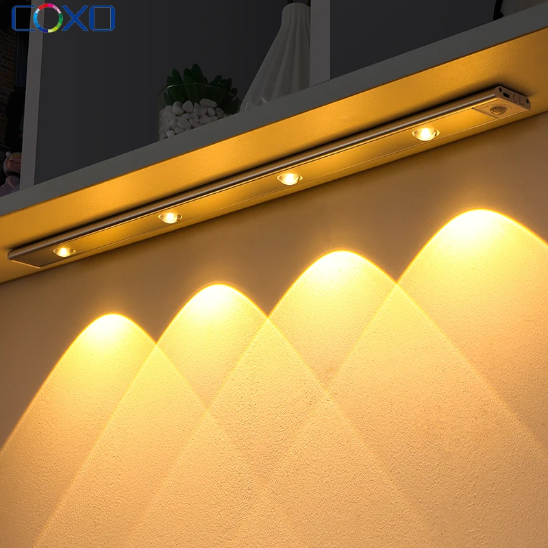 Luz LED nocturna Ultra delgada para debajo del gabinete, Sensor de movimiento, inalámbrico, USB, para cocina, armario, iluminación, luces magnéticas