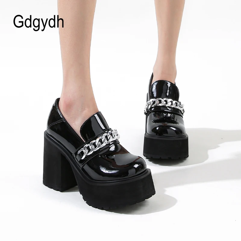 Gdgydh Platform Heels Womens Loafer Leather Slip-ons Round Toe Chunky Loafer Shoes Penny Casual Fashion Shoes with Chain