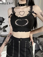 insdoit gothic clothes black summer camis women streetwear heart patchwork lace sexy crop top punk sleeveless fashion camisole