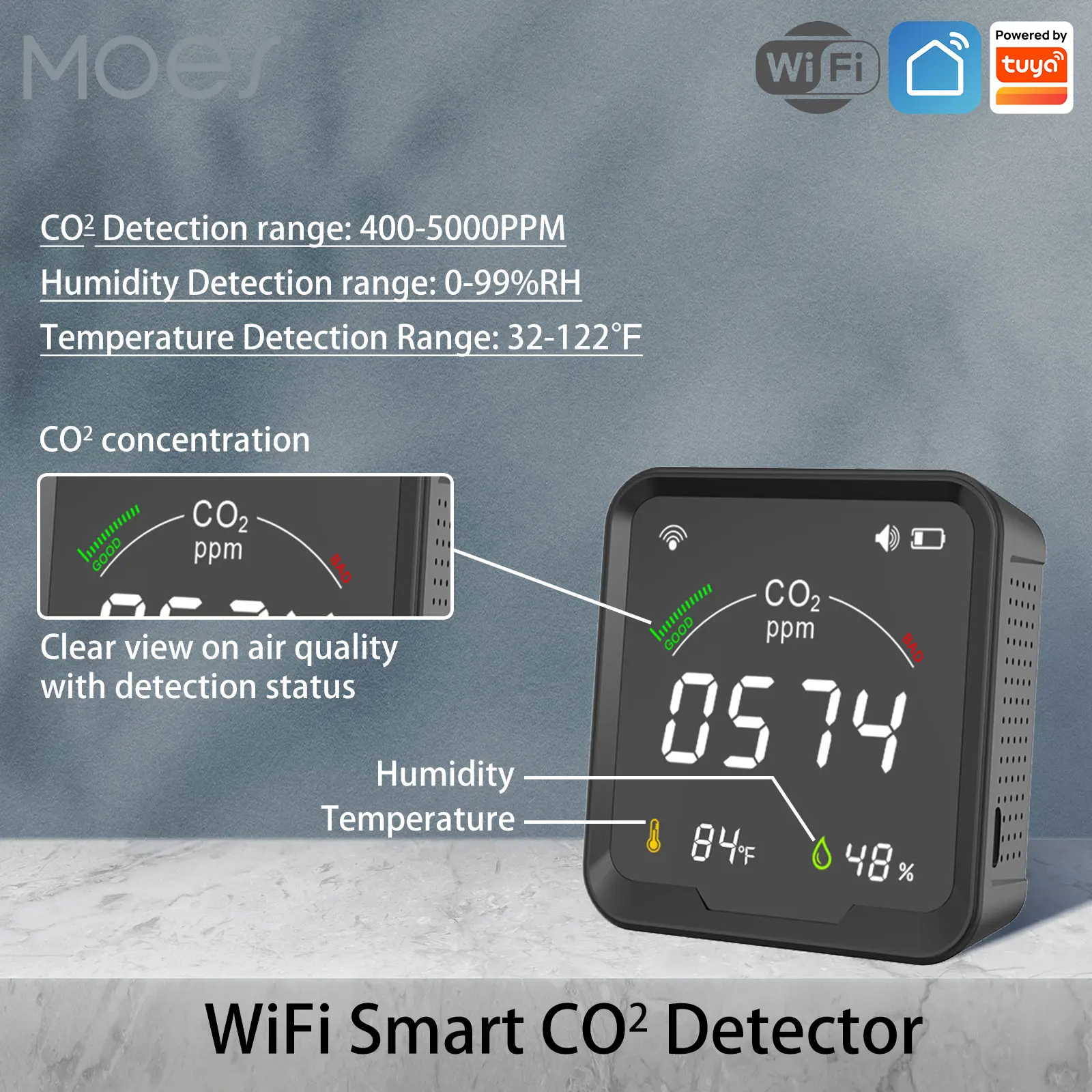

Moes WiFi Tuya CO2 Detector 3 in 1 Carbon Dioxide Detector Air Quality Monitor Temperature Humidity Tester smart alarm senor