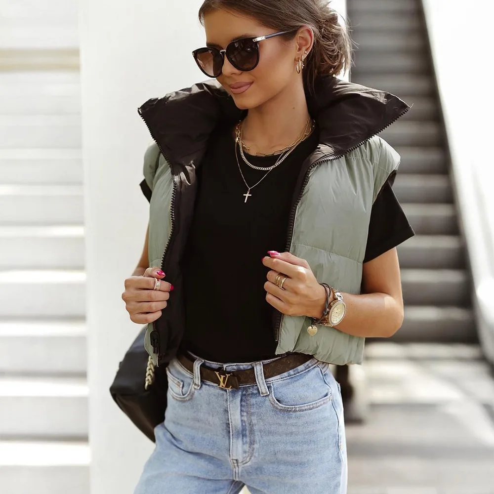

Women's Wholesale Vest Ins Style Winter Double-Sided Cotton Jacket Stand-up Collar Zipper Sleeveless Short Jacket