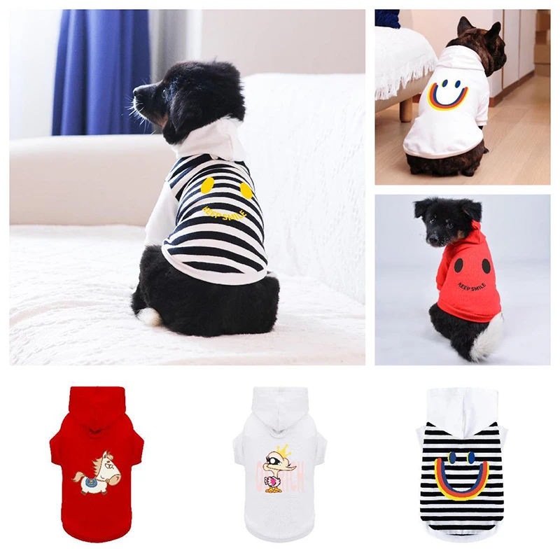 

Dog Hoodie Pet Clothes Autumn Winter Stripe White Red Smile Cute Stylish Printings For All Sizes and Breeds