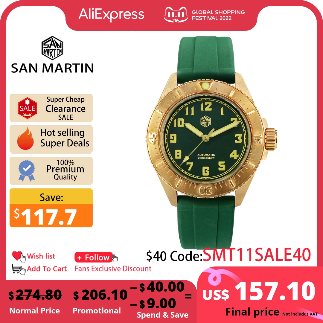 Продажа Мужские механические часы San Martin Diver Bronze с автоматическим вращающимся ободком, Водонепроницаемость 200 м, светящийся циферблат