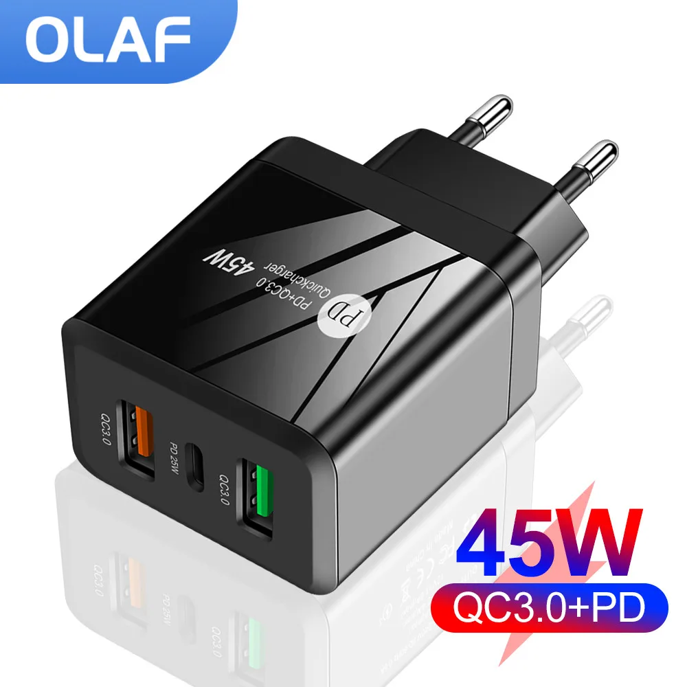 

Olaf Quick Charge 3.0 Dual USB PD Charger 45W QC4.0 QC3.0 USB Type C Fast Charger for iPhone 13 12 Xs 8 Xiaomi Phone PD Charger