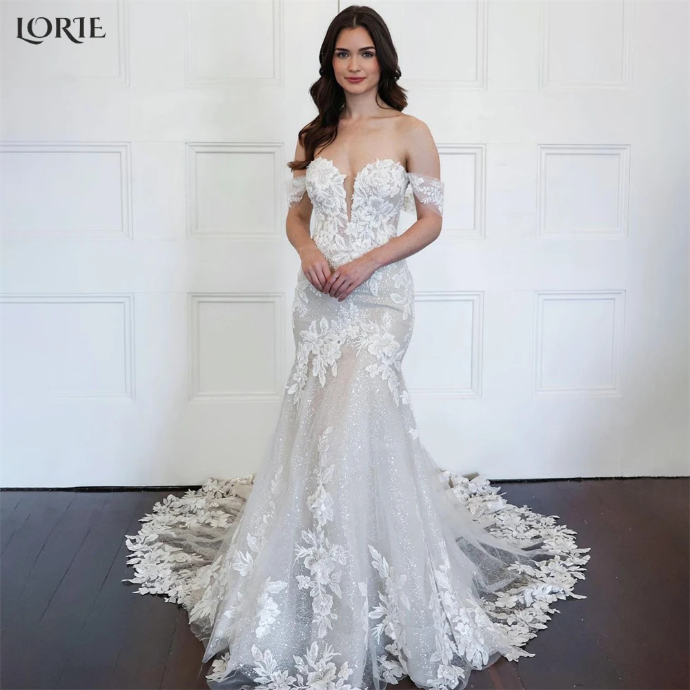 

Блестящие кружевные свадебные платья с юбкой-годе LORIE, блестящие свадебные платья с V-образным вырезом, женское платье