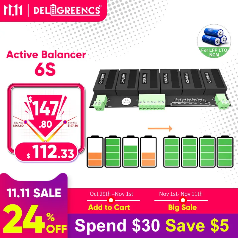 

QNBBM 6S Active Battery Equalizer BMS Balancer for LIFEPO4,LTO,Polymer ,LMO,LI NCM LI-ion Battery 18650 DIY Pack