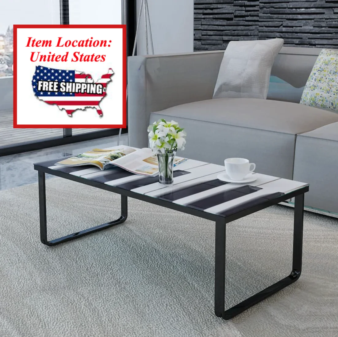

Coffee Table with Piano Printing Glass Top, modern side table living room furniture, terrace, armchair table, modern furniture