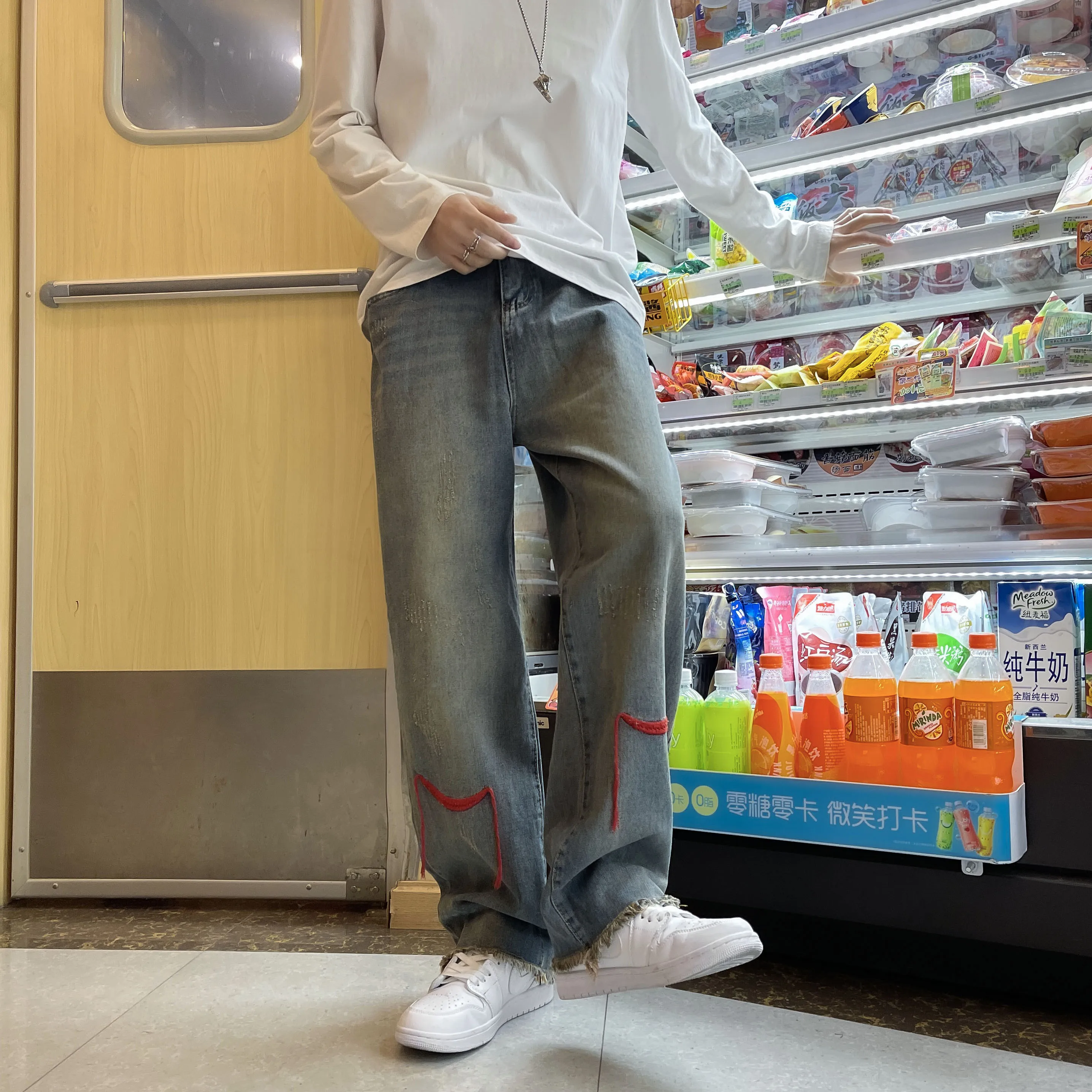 Four Seasons Y2K Men Fashion Grey Street Embroidery Loose Jeans Straight Hip Hop Pants Male Clothes