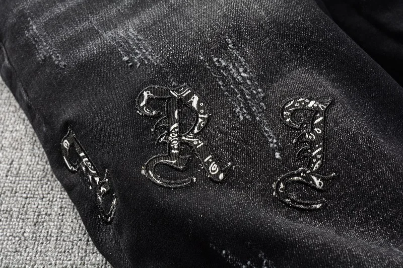 New Quality Men Black Distressed Skinny Stretch Pant Streetwear Tie Dye Bandana Patchwork Destroyed Slim Fit Denim Jeans Hombres