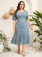 summer elegant dresses for women 2022 square neck short sleeve floral slim blue dress plus size womens clothing chubby female