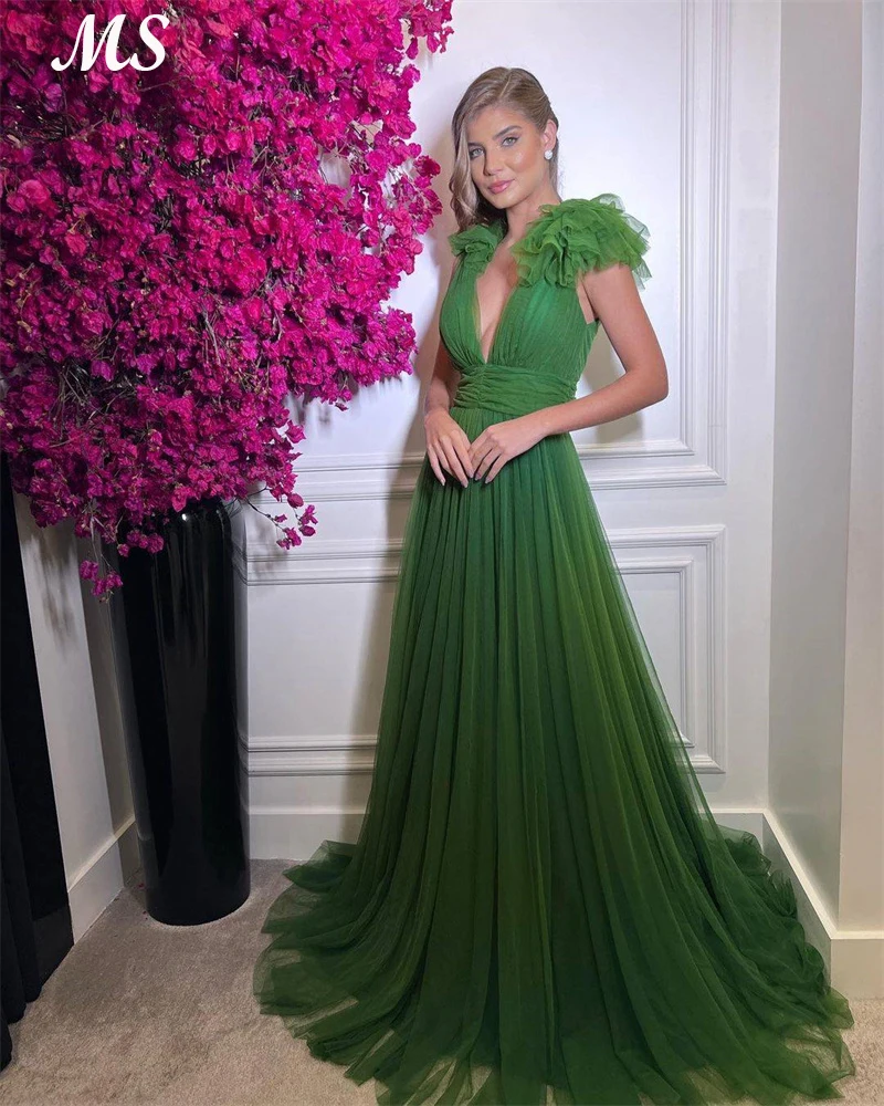 

MS Green Tulle Evening Dress Sleeveless Floor Length Simple Long Prom Party Gowns V Neck Backless For Special Occasion Plus Size