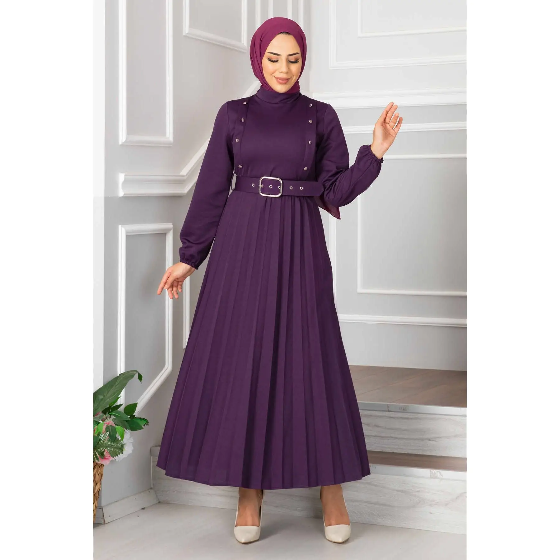 Muslim Women's Buttoned and Belted Pleated Maxi Dress Muslim Fashion Modest Clothing Morocain Abaya Kaftan Dubai Turkey 2023