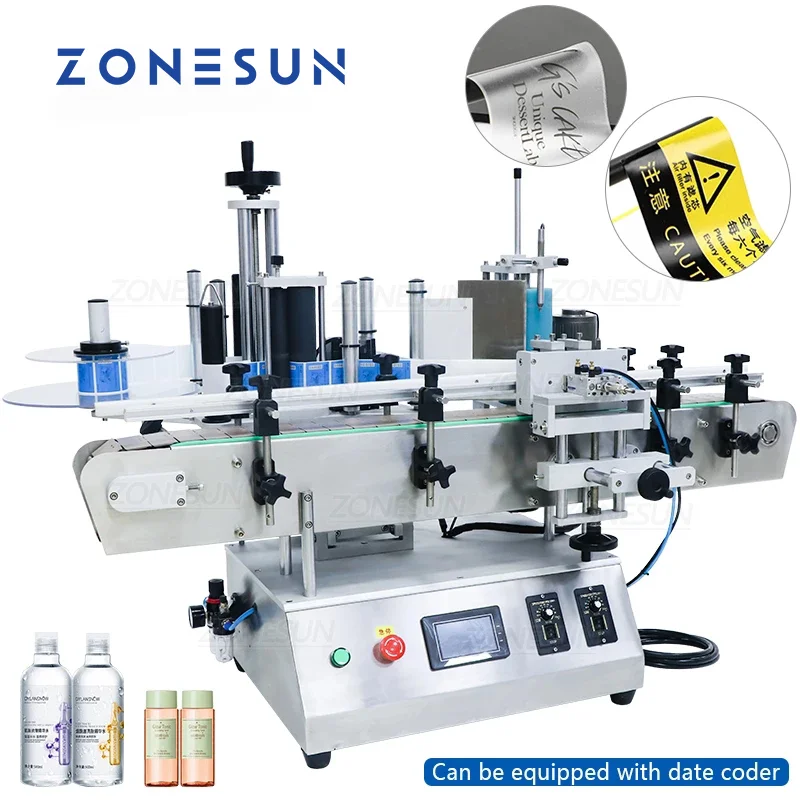 

ZONESUN Desktop Automatic Round Juice Drink Cosmetic Vinegar Bottle Double Sides Labeling Machine Label Applicator