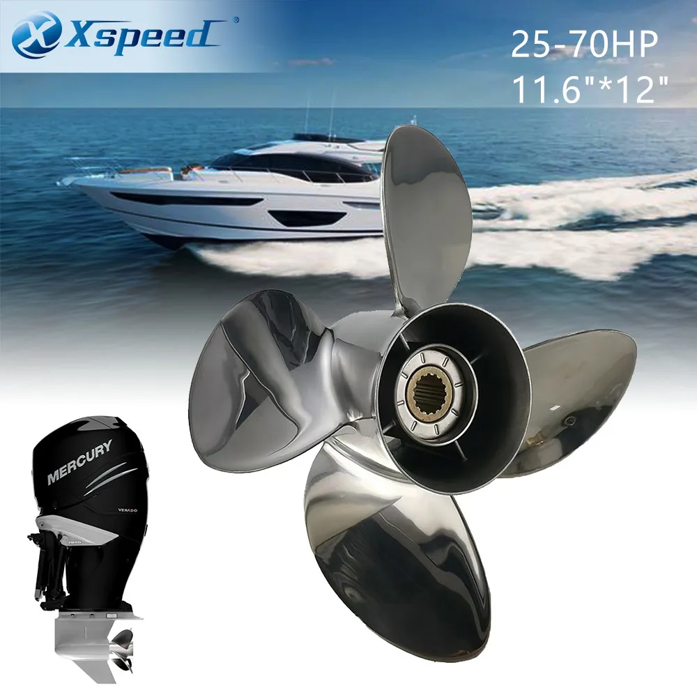Xspeed Boat Propeller 11.6*12 Fit Mercury Outboard Engine25-70hp stainless steel 4 Blade 13Tooth Spline