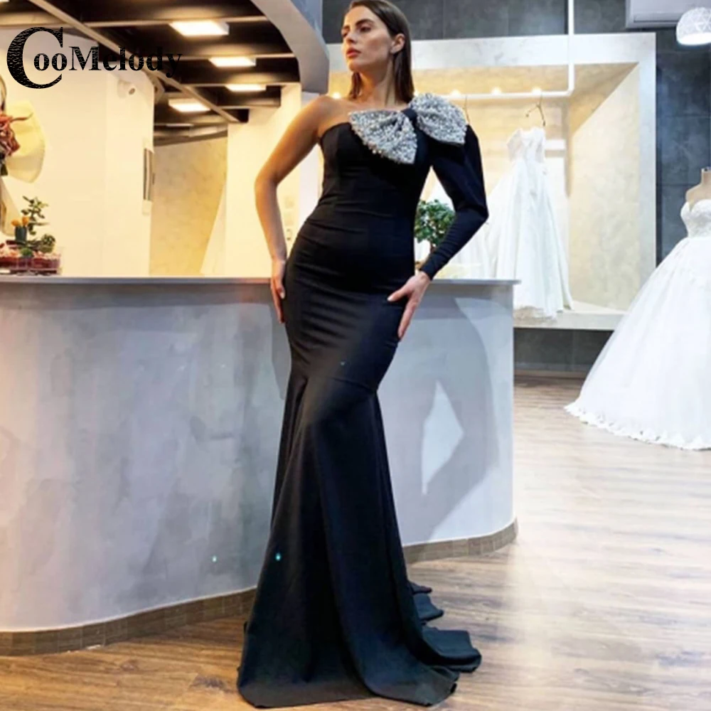 

Coomelody Trendy One-shoulder Slim Fit Mermaid Formal Occasion Dresses Big Bow Backless Full Sleeves Prom Gowns Vestido De Noite