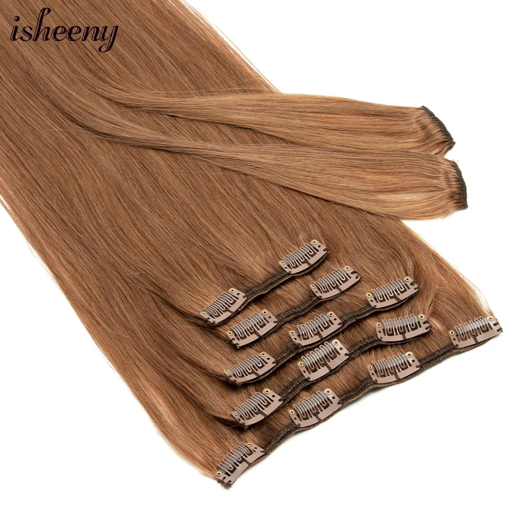 Isheeny 14 "-24" человеческие накладные волосы на клипсах, бразильские натуральные волосы Remy на клипсе, 100% настоящие человеческие волосы на клипса...