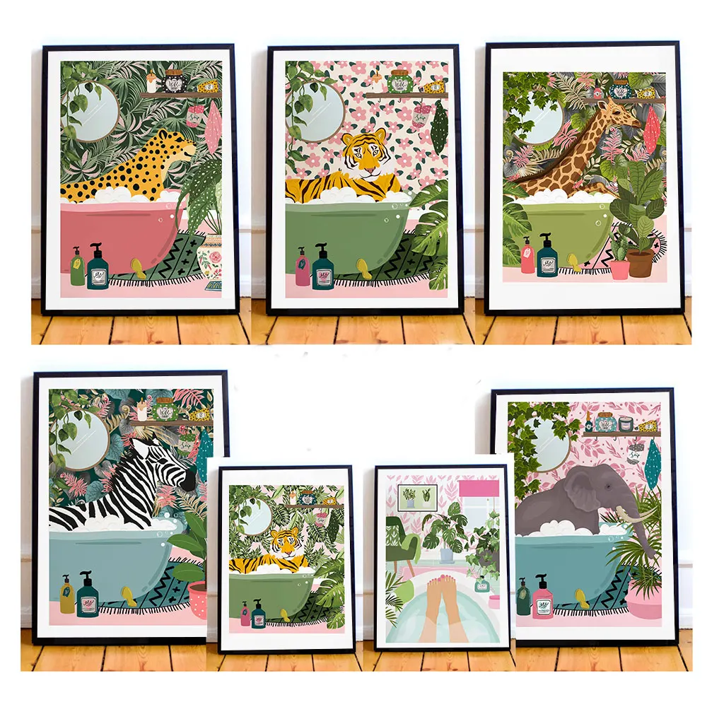 Постер с изображением тигра в ванне растительным принтом животных тропические