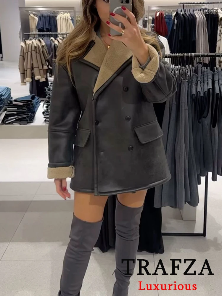 TRAFZA винтажные повседневные шикарные женские куртки с карманами двубортное