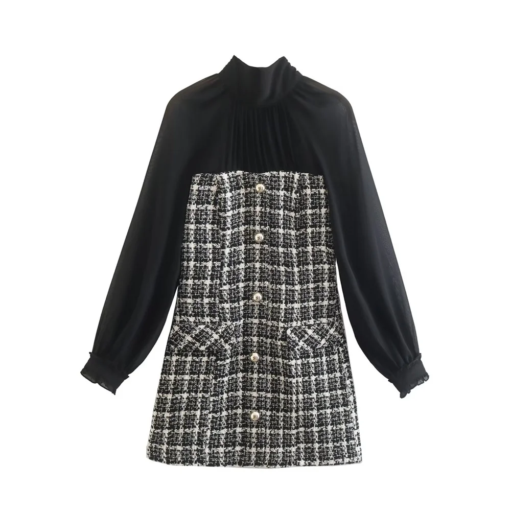 

Женское мини-платье с высоким воротником PB & ZA, Осеннее Сетчатое платье с длинными рукавами, бантом и карманами, с отстрочкой, модель 2022, 8789184