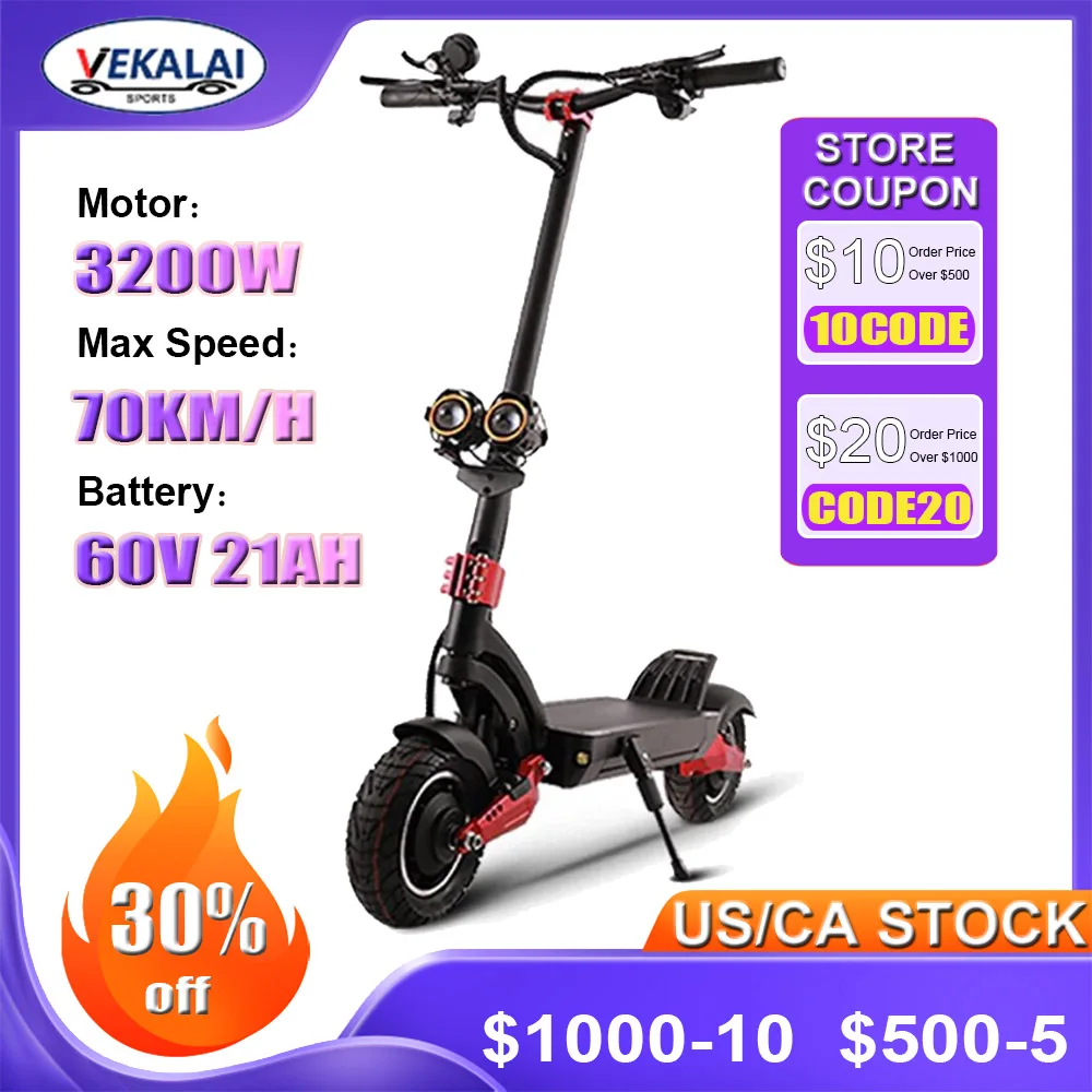 

VEKALAI Electric Scooter for Adults 3200W Dual Motor 60V 21AH Battery 70km/h Max Speed 10 inch Off-road Tire Folding EScooter