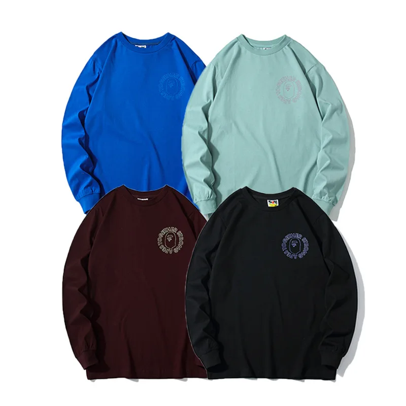 

High Quality Wholesale Alphabet Ape-Man Round Neck Men's And Women's Long-Sleeved 100% Cotton Casual Loose T-shirt