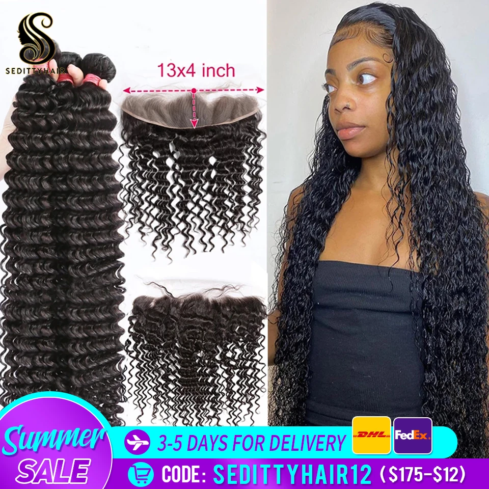 Sedittyhair Deep wave Brazilian hair bundles human hair Extension 3 bundles with frontal 13x4 deep wave bundles with frontal