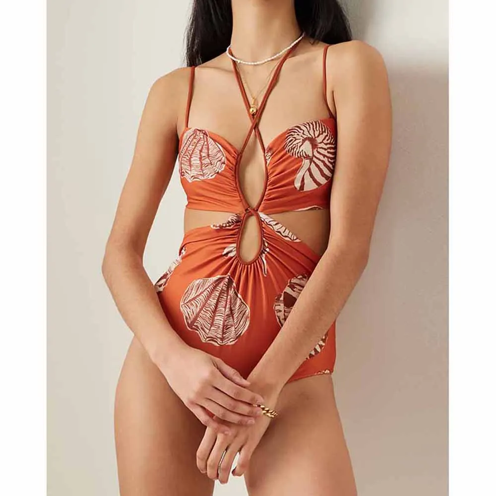 

Fashion Print String Cross Strap Swimsuit Sling Hollow Back Slim Bikini 2022 New One Piece Swimwear Beachwear Seamless Splicing