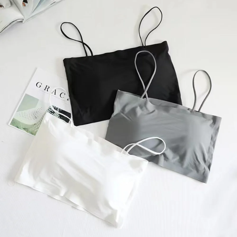 New Fashion Summer Sexy Bras For Women Push Up Lingerie Ice Silk Seamless Word Sling Female Tube Top White Bralette Tops Tanks