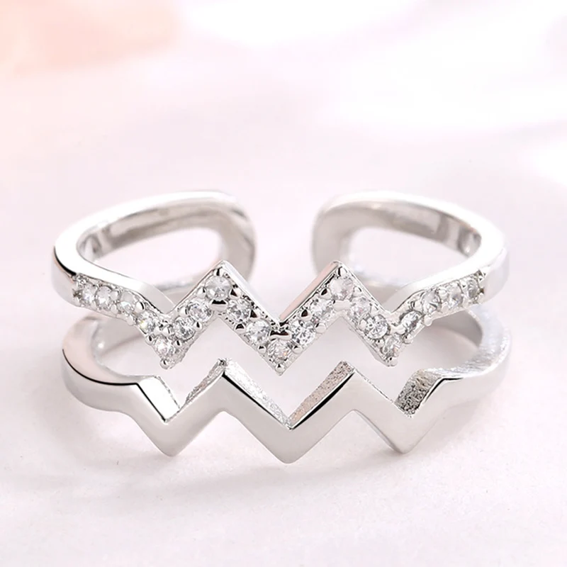 

Fashion Heartbeat Double Layer Zircon Open Ring Minimalist Silver Color Adjustable Finger Rings For Women Wedding Jewelry Gift