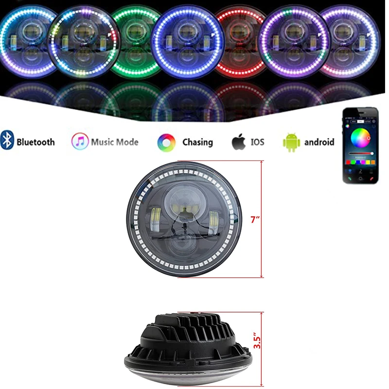 

7 Inch Round Headlight LED RGB Bluetooth& App Flashing control Hi/Lo Beam Halo Ring Angel Eyes Fit for Jeep Wrangler JK TJ CJ