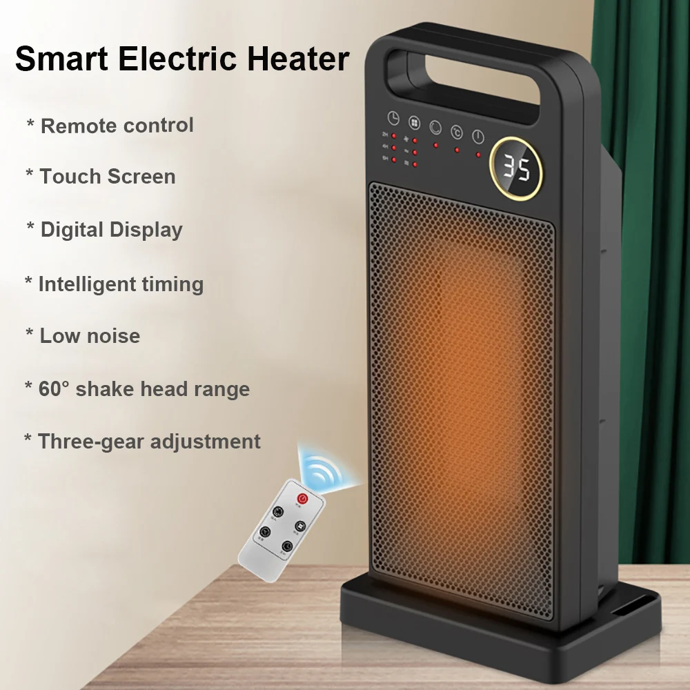 Remote Control Electric Heater Touch Screen Digital Display Warm Air Blower Smart Timing Household Vertical Shaking Head Heater