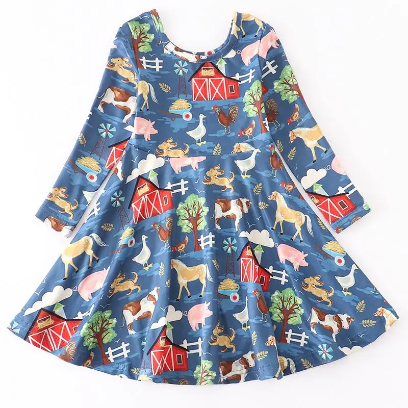 

Girlymax Fall/Winter Baby Girls Chlidren Kids Clothing Milk Silk Floral Farm Pumpkin Print Twirl Dress Knee Length Long Sleeve