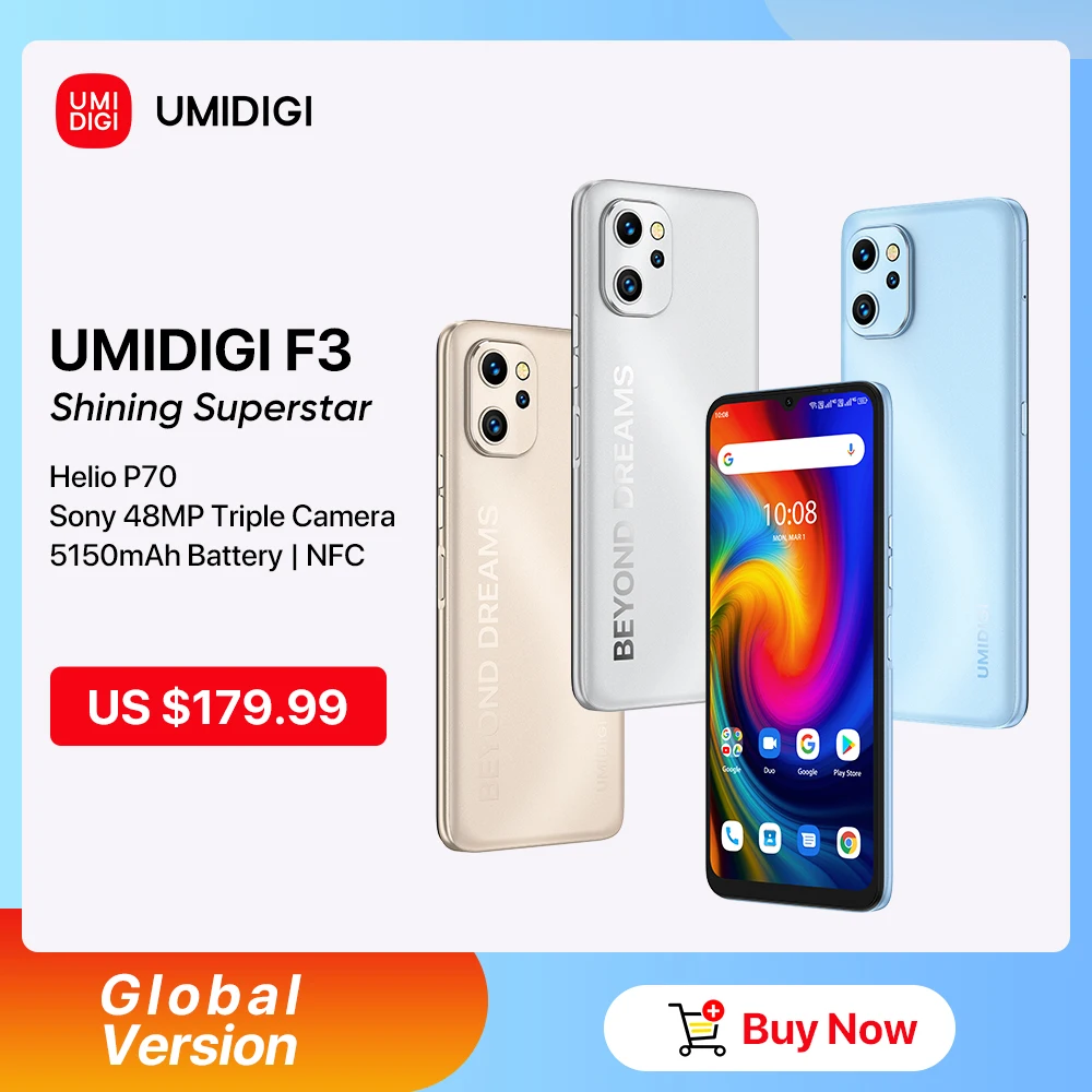 UMIDIGI F3 Phone Android Unlocked Smartphone NFC Helio P70 8GB 128GB  48MP AI Triple Camare 6.7